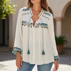 Chico's White Blouse with Teal Embroidery